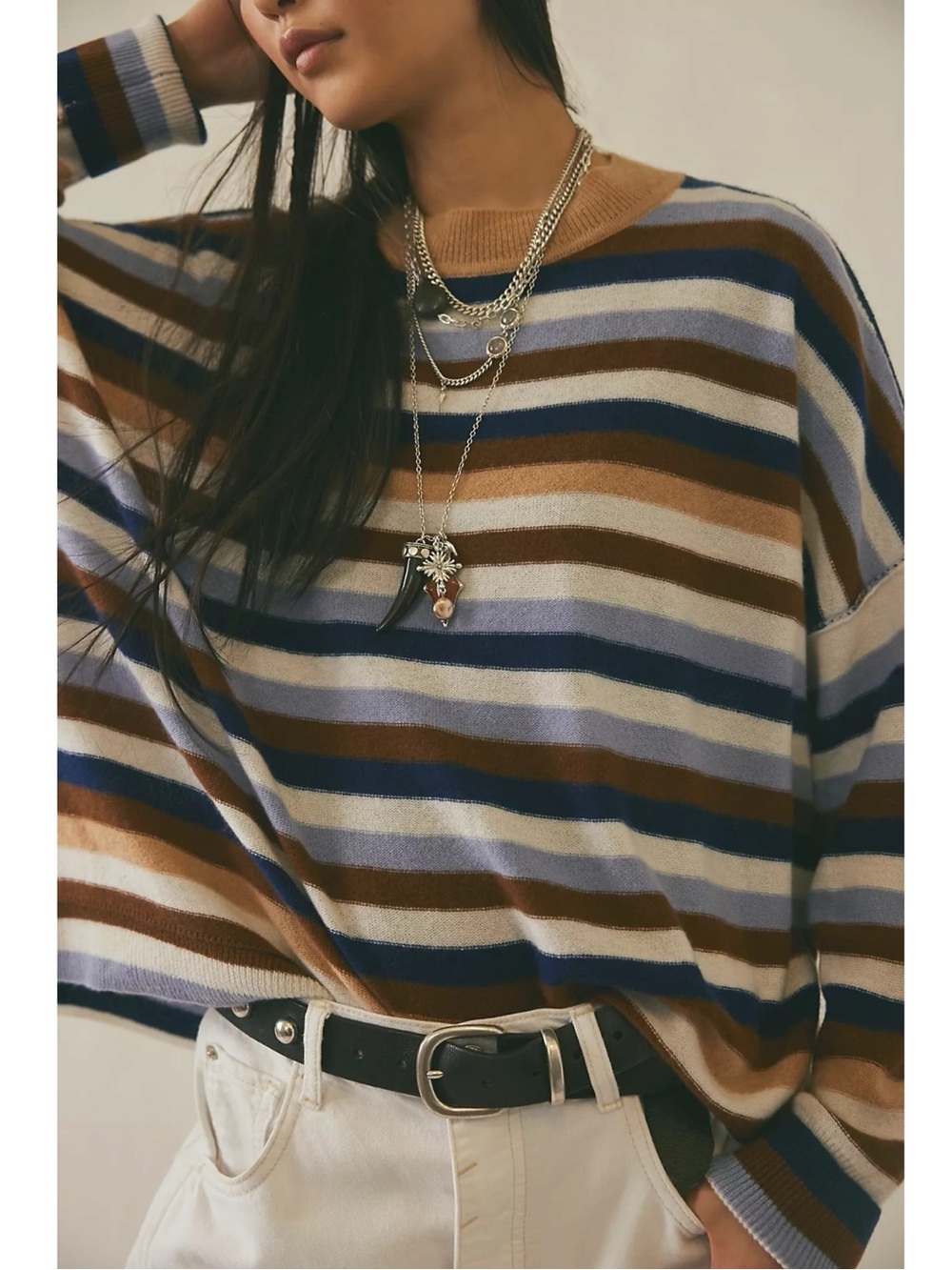 Free People Oversized Tomorrow Stripe Cashmere Sweater in Blue Neutral XL NWT